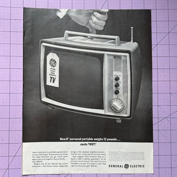 1963 General Electric New 11" Personal Portable TV B&W Vintage Print Ad - Picture 1 of 1
